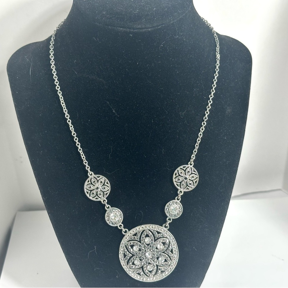 Vintage Liz Claiborne Marcasite & Rhinestone Filigree Disc Necklace Silver Tone